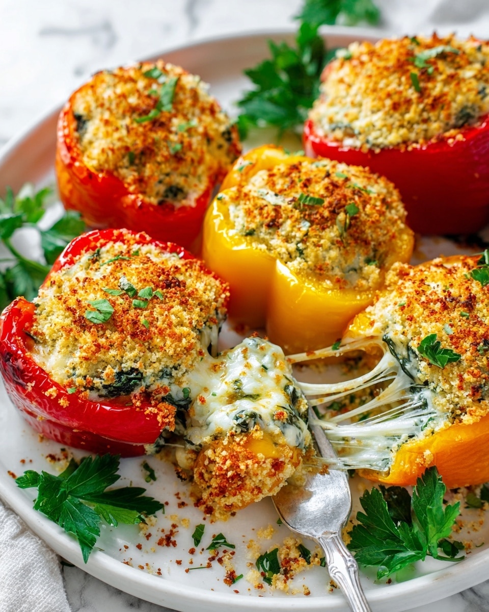 The image shows six stuffed bell pepper halves arranged on a white plate over a white marbled surface. Each pepper half has three visible layers: the bottom pepper layer is red, yellow, or green, glossy and slightly roasted; the middle filling layer is creamy white mixed with green spinach bits and herbs; the top layer is a golden brown, crispy breadcrumb crust sprinkled with some shredded cheese. One yellow pepper half is cut open to reveal the soft, cheesy filling with strings of melted cheese stretched to a silver fork held by a woman's hand. Around the plate, fresh green parsley leaves add a pop of color. Photo taken with an iphone --ar 4:5 --v 7
