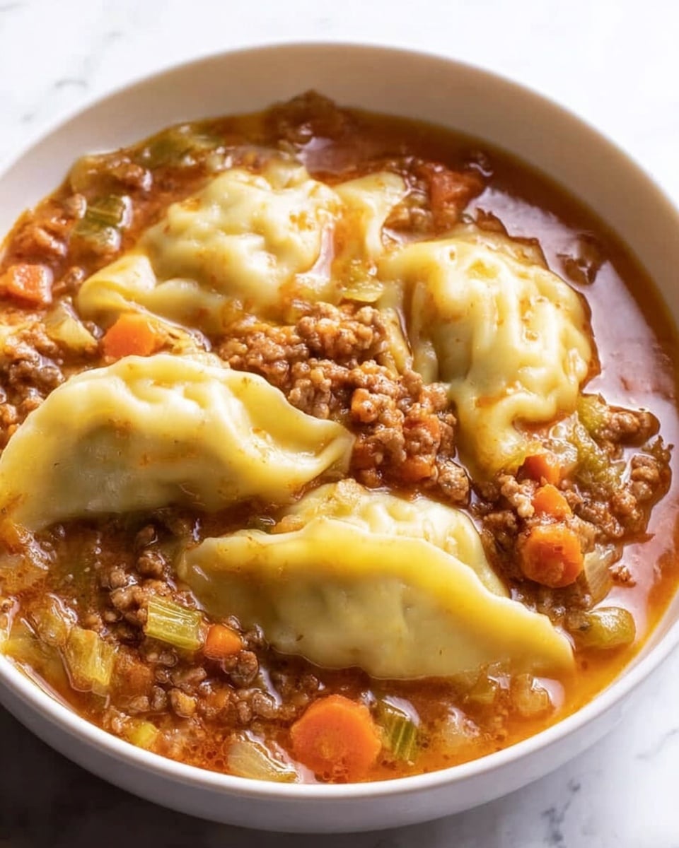 A white bowl filled with a thick stew that has three folded pale yellow dumplings on top; the stew is reddish-brown with visible chunks of minced meat, small pieces of orange carrot, and bits of green vegetable, creating a textured and hearty look. The dumplings have a soft, smooth texture and sit partially submerged in the stew, which has a slightly oily surface reflecting light. The entire setting is on a white marbled texture. photo taken with an iphone --ar 4:5 --v 7