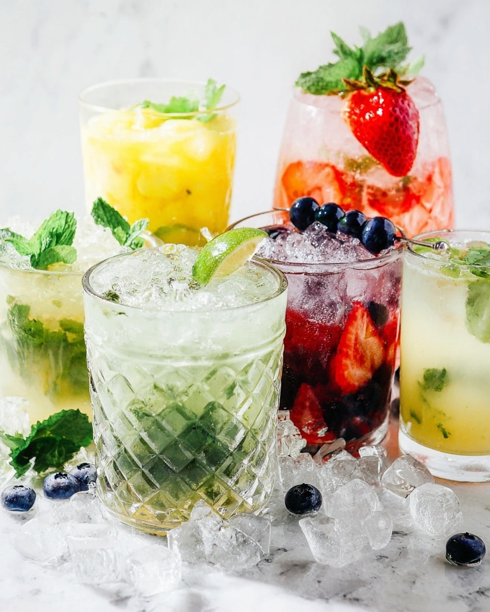 Five clear glasses filled with icy fruit drinks sit on a white marbled surface. The first glass on the left shows a red drink with small strawberry pieces and green mint leaves floating among crushed ice. The second glass holds a bright yellow drink with small mango chunks and mint leaves around the top. The third glass contains a pale yellow liquid with ice, green mint leaves, and small pieces of pineapple. The fourth glass has clear liquid with ice, bright green lime wedges, and mint leaves. The fifth glass is filled with clear liquid, ice, dark blueberries, and green mint leaves. Around the drinks are fresh fruit pieces: a halved lime, blueberry clusters, a whole lime, a diced mango, a strawberry, sprigs of fresh mint, and half a pineapple with green leaves and yellow skin. Photo taken with an iphone --ar 4:5 --v 7