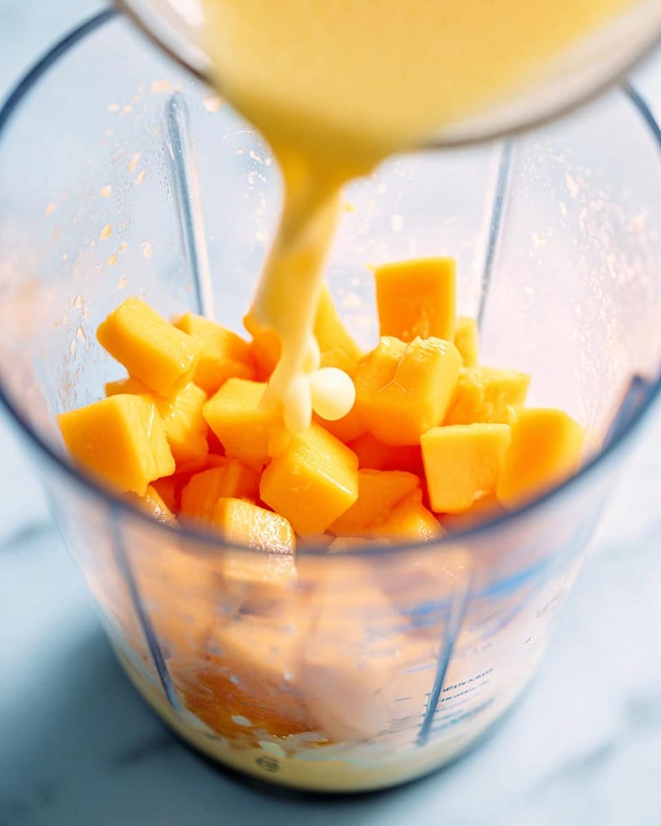 The image shows a blender filled with small, bright orange mango cubes neatly piled at the bottom. A creamy, light yellow liquid is being poured over the mango chunks, creating splashes and mixing textures inside the clear blender container. The blender sits on a white marbled surface, and the focus is on the vibrant fruit and liquid inside the container. photo taken with an iphone --ar 4:5 --v 7