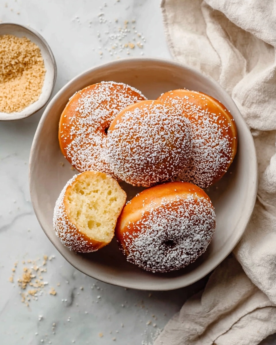 A white bowl holds four golden brown doughnuts, each with a dusting of white powdered sugar on top. One doughnut is placed on top and slightly to the right, showing its soft, light yellow inside from a bite taken out of it. The doughnuts have a smooth, slightly shiny texture with a classic round shape and a small hole in the center. The bowl sits on a white marbled surface, with a light beige cloth casually draped nearby, and some powdered sugar scattered on the surface to the right. A small bowl filled with light brown sugar or crumbs sits at the top left corner. Photo taken with an iphone --ar 4:5 --v 7