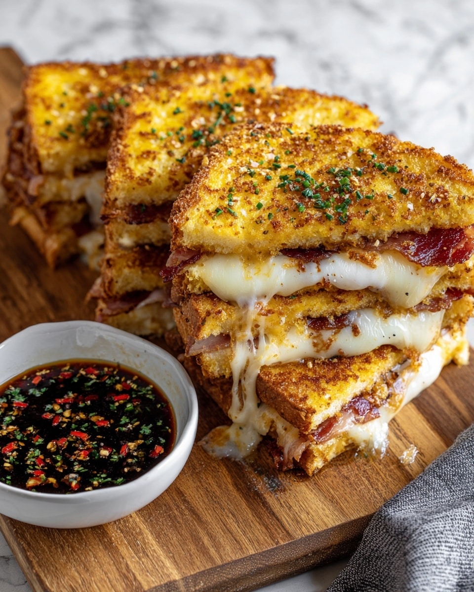 This image shows four thick, golden brown grilled sandwiches arranged on a wooden board. Each sandwich is cut in half, showing three layers: a crispy outer layer with a toasted yellow color and some green herb sprinkles, a middle layer of melted white cheese oozing out, and a thin layer of cooked reddish-brown bacon inside. To the left of the sandwiches is a small white bowl filled with dark dipping sauce sprinkled with green herbs and red chili flakes. The background is a white marbled texture with a grey cloth partially visible on the right side. photo taken with an iphone --ar 4:5 --v 7