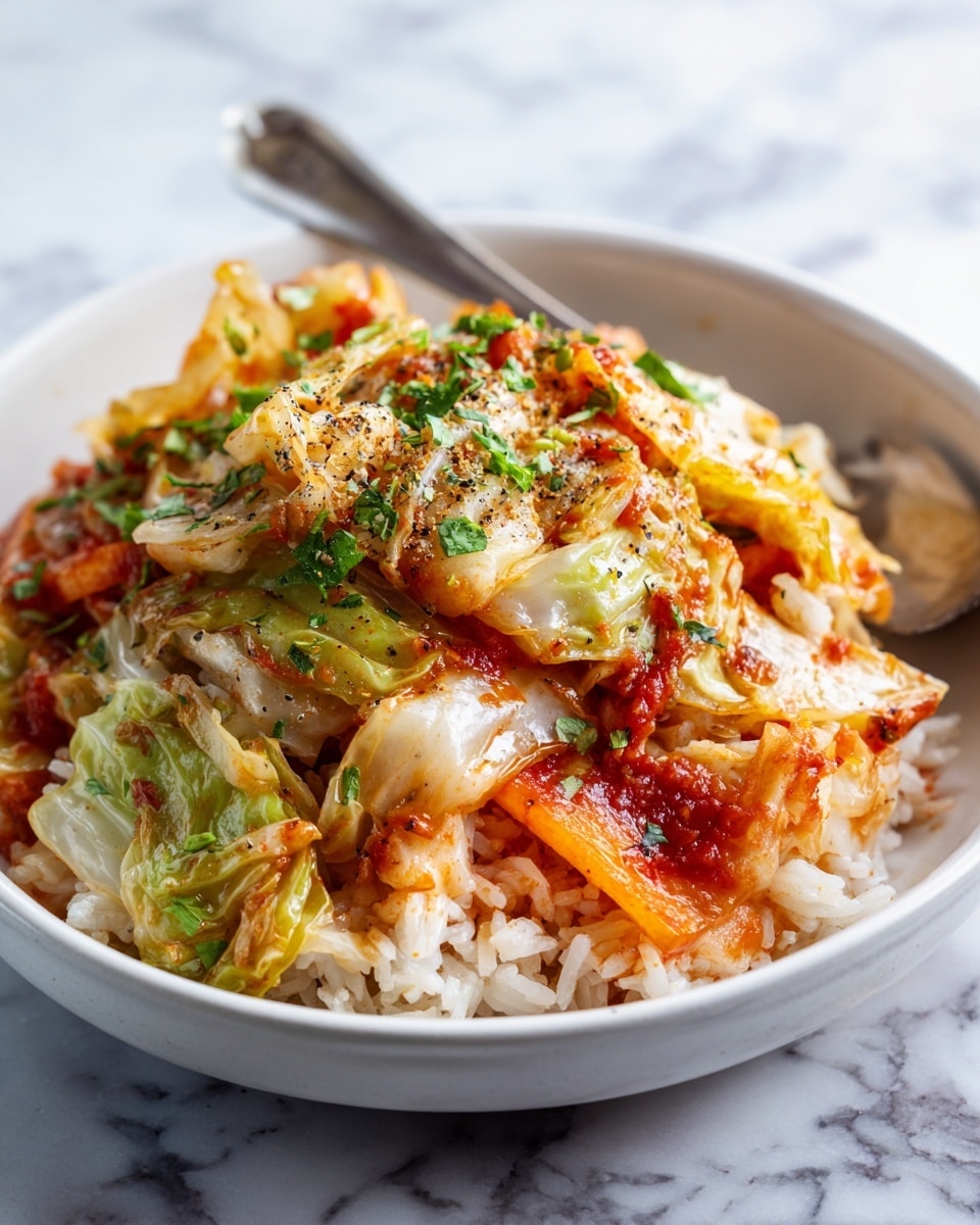 The dish in a white bowl shows a colorful mix of cooked vegetables and rice. There are layers of soft white and light green cabbage pieces, soft orange carrot slices, and white rice mixed with a red tomato sauce. The top layer is sprinkled with chopped green herbs and a bit of black pepper. The textures look tender and juicy, with the cabbage and carrots slightly glossy from cooking. The background is a white marbled surface. photo taken with an iphone --ar 4:5 --v 7