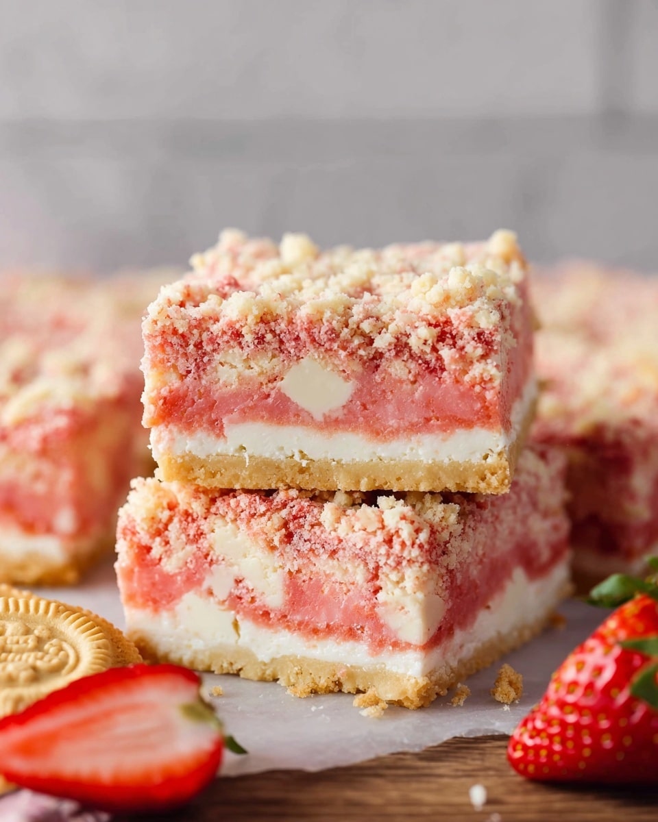 The image shows a close-up of square dessert bars stacked on a white marbled background. Each bar has three layers: a bottom pink layer with white chunks inside, a middle white creamy layer, and a top crumbly layer that is a mix of pink and beige crumbs. The bars are placed on a wooden surface next to a sliced strawberry and some whole strawberries, with a few beige sandwich cookies slightly visible on the side. The texture of the crumb topping looks rough and crumbly, while the middle layer looks smooth and fluffy. Photo taken with an iphone --ar 4:5 --v 7