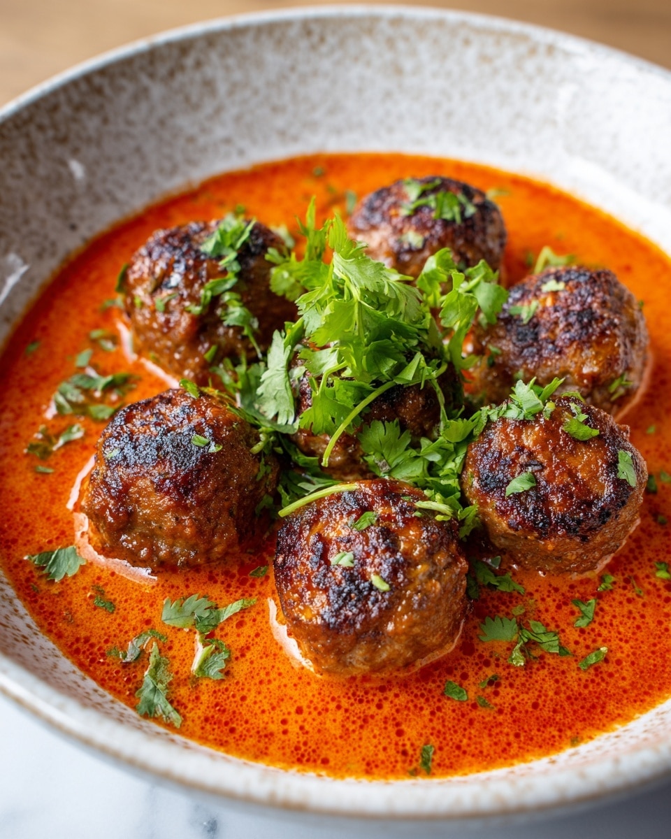 A white speckled shallow bowl holds seven browned meatballs with a slightly charred, textured surface, sitting in a thick, bright orange-red sauce that spreads evenly around the bowl's base. Fresh green cilantro leaves are sprinkled on top of the meatballs and sauce, with a small bunch of whole cilantro leaves placed in the center as garnish. The white marbled surface underneath adds a clean contrast to the rich colors of the dish. photo taken with an iphone --ar 4:5 --v 7