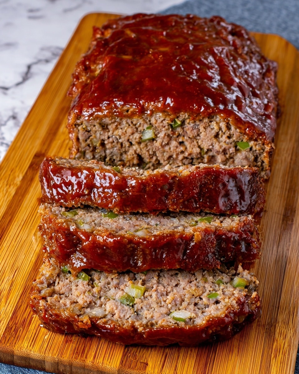 A loaf of meatloaf is sliced into four pieces and placed on a wooden cutting board. The loaf has a rich, glossy brown glaze on top that drips slightly down the sides. Inside, the meat is a light brown color with small bits of green pepper and onion mixed throughout, showing a textured, crumbly interior. The top layer is shiny and smooth from the glaze, while the interior looks moist and hearty. The wooden cutting board rests on a white marbled texture. photo taken with an iphone --ar 4:5 --v 7