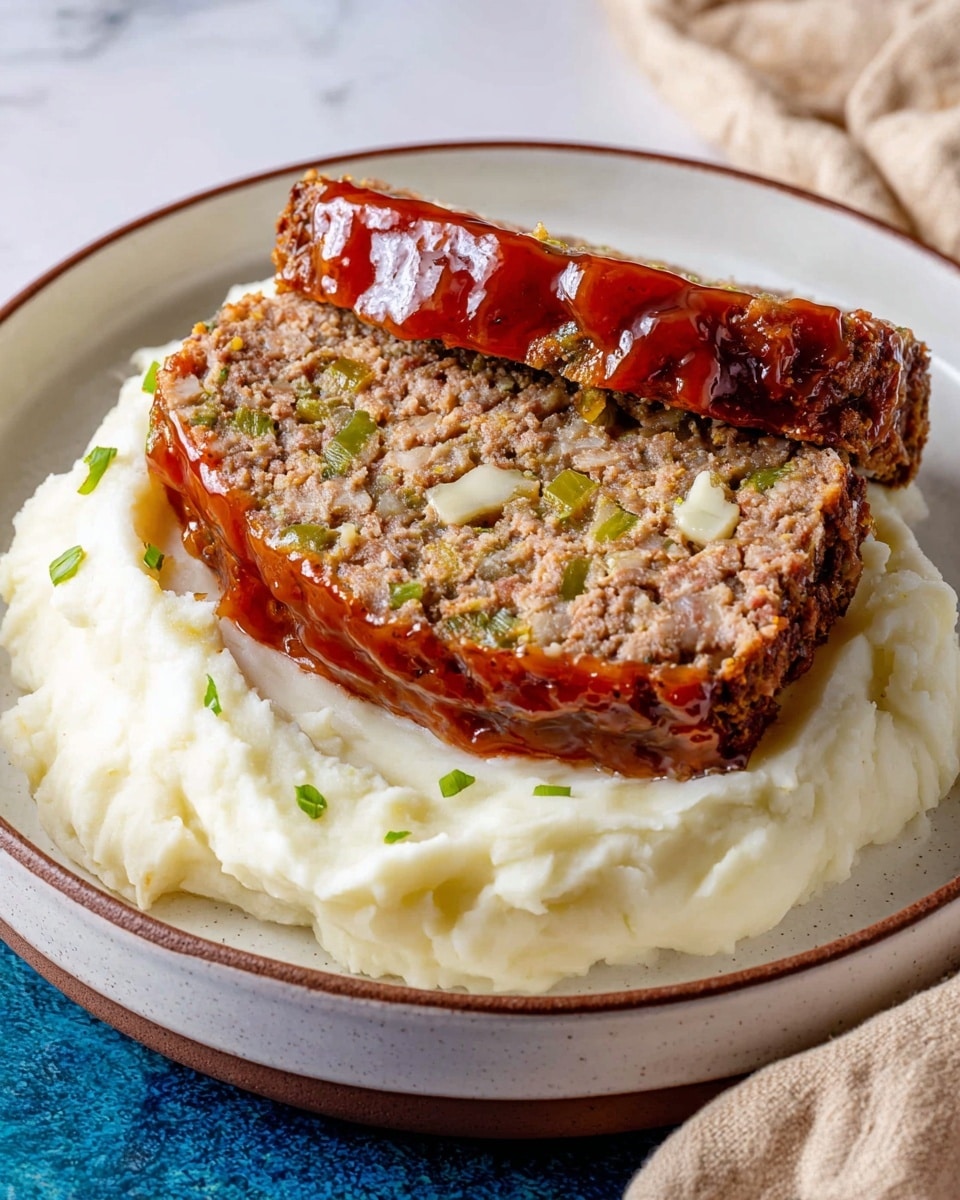 A white plate with a brown rim holds a dish with two main layers: the base is a creamy, smooth, white mashed potato spread around the plate in a thick layer, and on top are two thick slices of meatloaf showing a coarse, crumbly texture mixed with small green and white bits, likely vegetables or herbs. The meatloaf slices are covered with a shiny, reddish-brown glaze that glistens under the light. The plate sits on a white marbled textured surface with a blurred background of blue and a beige cloth in the corner. photo taken with an iphone --ar 4:5 --v 7
