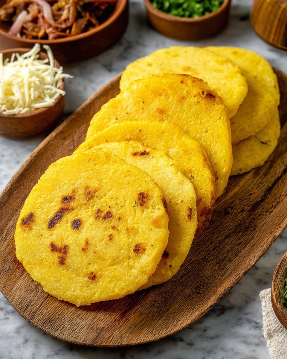 Seven round golden yellow corn cakes with light brown char marks are stacked on a wooden oval board, arranged in a slightly overlapping row from bottom right to top left. The cakes look soft and thick with a smooth, slightly textured surface. Around the board, small bowls with shredded white cheese, cooked meat, and chopped green herbs show hints of a meal setup. The background is a white marbled texture that contrasts with the wooden board and the bright yellow cakes. photo taken with an iphone --ar 4:5 --v 7