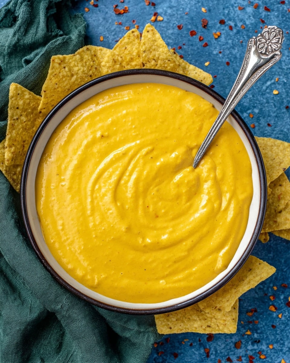 A close-up view of a bowl filled with thick, smooth, bright yellow cheese dip that has a slightly creamy texture. The bowl is white with a dark rim, and a silver spoon with a floral design is placed inside the dip on the right side. Around the bowl, there are several yellow tortilla chips arranged in a partial circle. The whole setting is on a blue surface with scattered red chili flakes, and a green cloth is folded and placed in the upper left corner. photo taken with an iphone --ar 4:5 --v 7