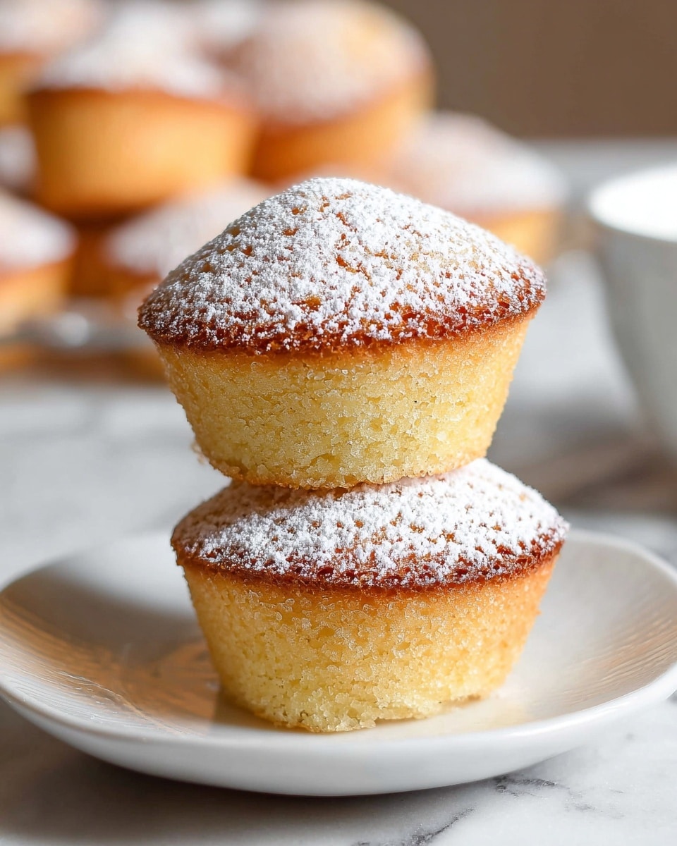 Two golden brown small cakes are stacked on top of each other on a white plate with a slight texture. Each cake has a domed top dusted with fine white powdered sugar giving a soft, snowy look. The cakes have a spongy, light texture with a slightly crispy edge. In the background, more similar cakes are slightly blurred, all sitting on a white marbled surface. Photo taken with an iphone --ar 4:5 --v 7