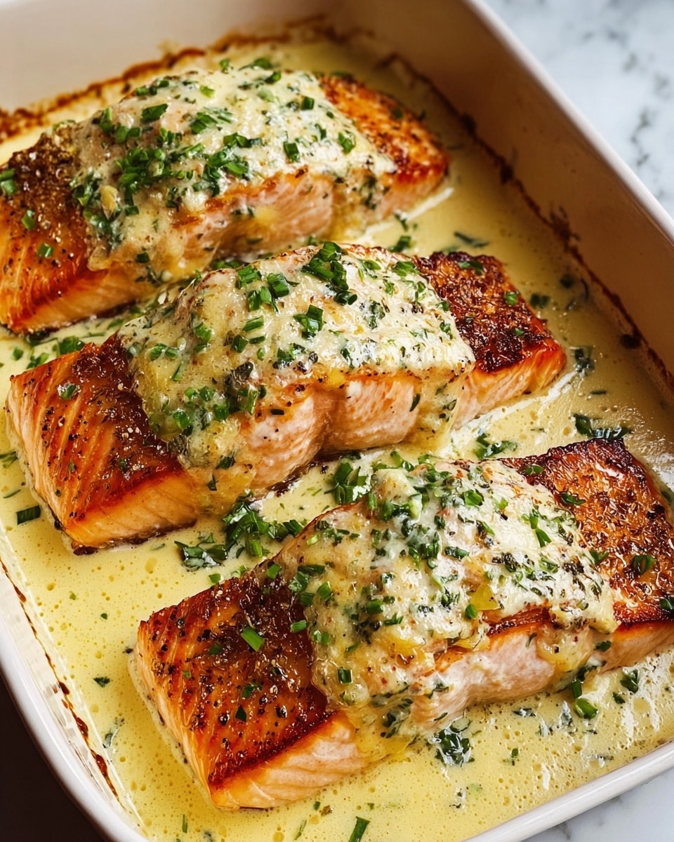Four salmon fillets with a crispy golden-brown crust are topped with a thick, creamy, light yellow sauce that has a slightly bubbly and textured surface. The sauce is sprinkled with bright green chopped herbs. The salmon sits in a creamy sauce pool at the bottom of a white baking dish, which glistens and has flecks of herbs throughout. The close-up shot shows the flaky, tender texture of the salmon with its pink-orange color, contrasted by the smooth sauce and the dotted herbs. The background is a white marbled texture. Photo taken with an iphone --ar 4:5 --v 7
