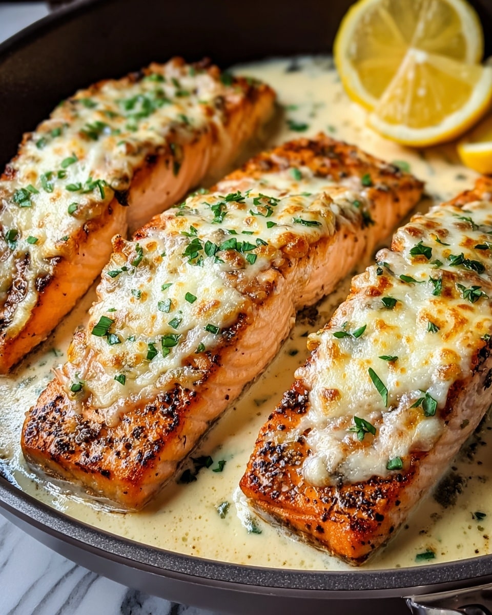 Three thick pieces of cooked salmon fillet are placed side by side in a dark pan filled with creamy sauce. Each salmon piece is topped with a melted, bubbly, white cheese layer sprinkled with small green herb leaves. The salmon has a golden-brown crust with visible grill marks. In the background, there are two bright yellow lemon wedges placed at the top right corner of the pan. The pan rests on a white marbled surface. photo taken with an iphone --ar 4:5 --v 7
