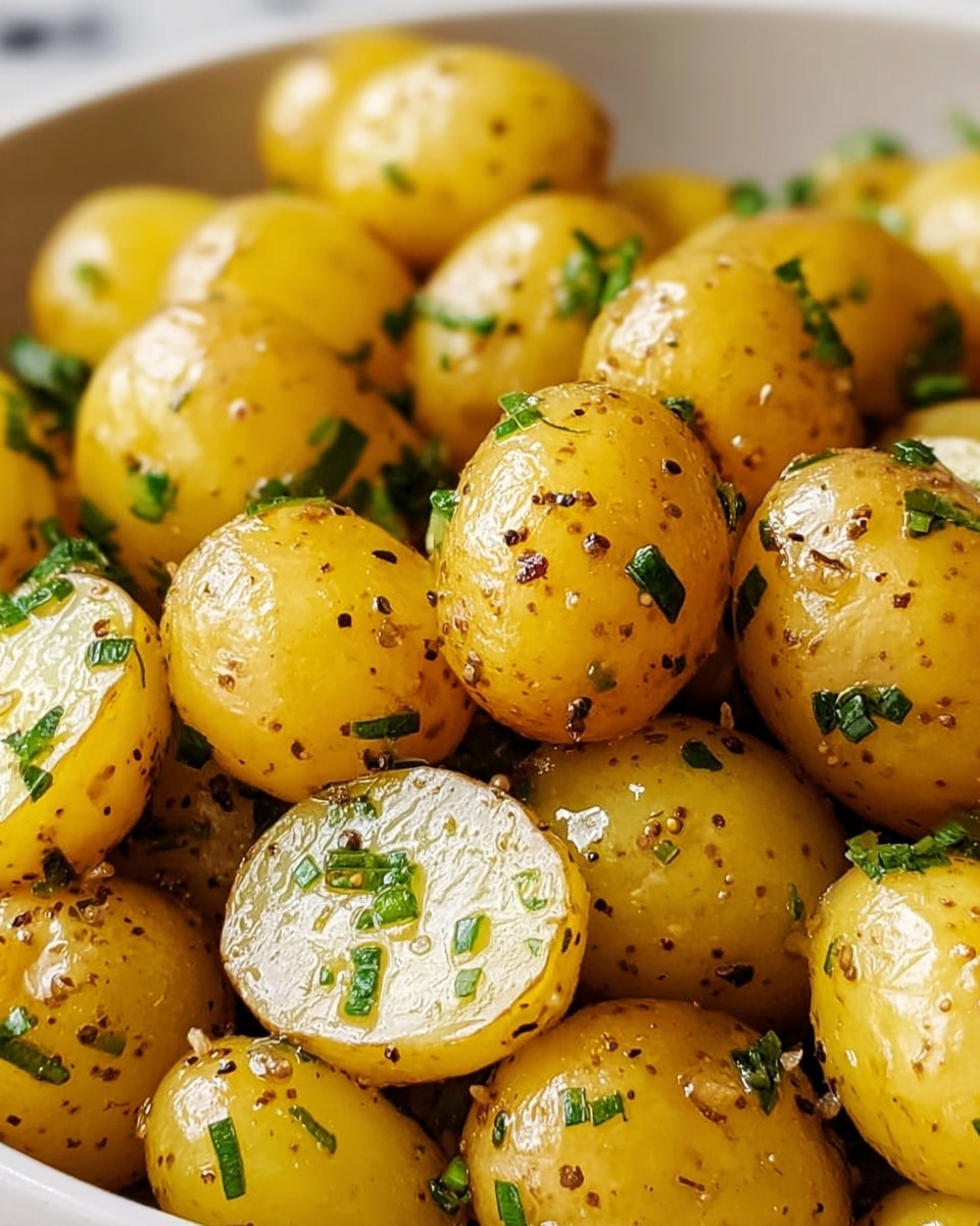 A close-up view of a bowl full of small yellow baby potatoes, some cut in half showing a smooth, cream-colored inside. The potatoes have a shiny, slightly oily texture with black pepper and small green herb pieces sprinkled on top. The potatoes are arranged closely together, filling the bowl, which is white, set on a white marbled surface. photo taken with an iphone --ar 4:5 --v 7
