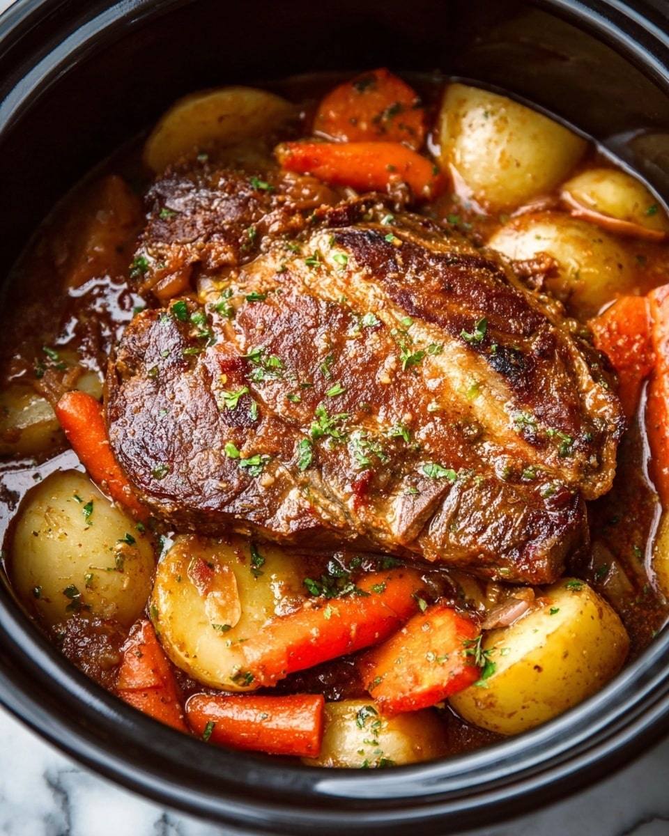 A large piece of browned meat sits on top in the center, with a crispy texture and some glossy sauce coating it. Below and around the meat are thick carrot slices in bright orange, and chunks of light yellow potatoes, all partially covered in a rich brown sauce. Small green herb pieces are sprinkled lightly on the meat and vegetables. All of this is inside a round black pot, shown close up against a white marbled texture background. photo taken with an iphone --ar 4:5 --v 7