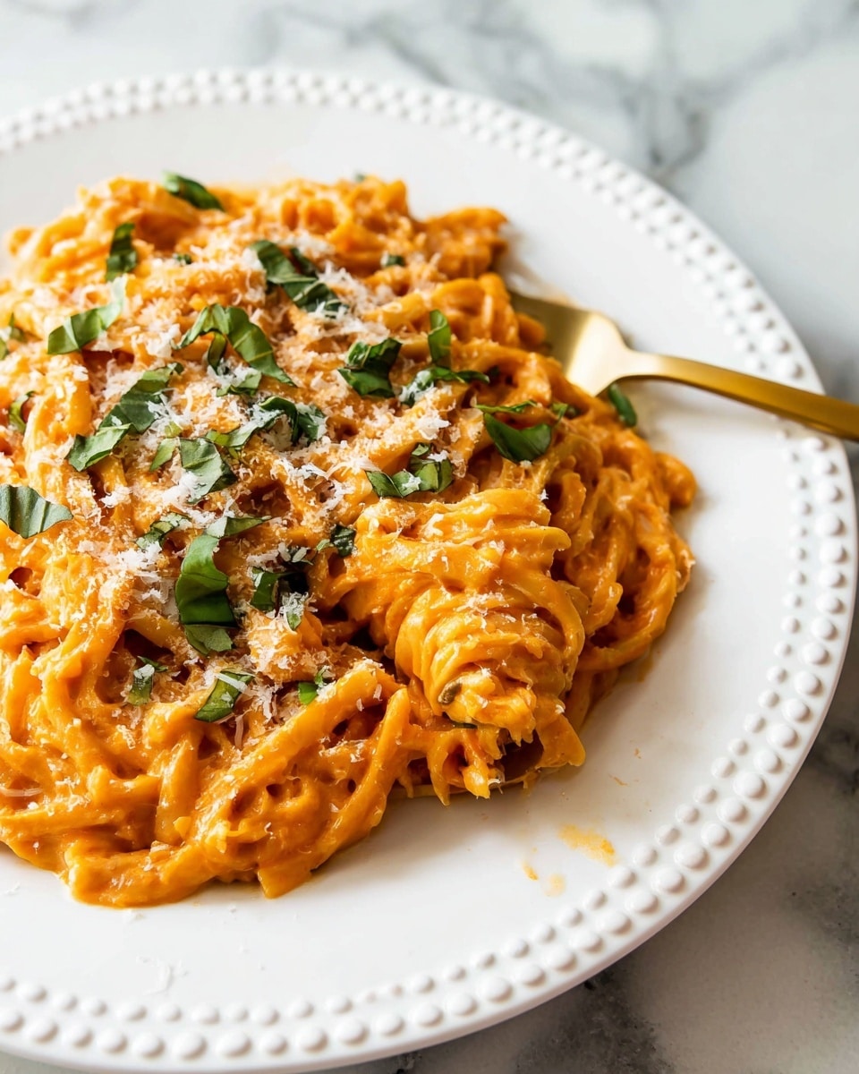 A close-up of creamy papaya orange pasta served on a large white plate with a dotted edge. The dish has one main layer of thick pasta coated in a smooth, rich orange sauce with a glossy texture. Small green basil leaves are scattered evenly on top, adding a fresh contrast to the orange color. There is a dusting of finely grated white cheese sprinkled all over the pasta, giving a snowy effect. A gold fork is placed on the left side of the plate, with a bite of pasta on its tines. The background has a white marbled texture. photo taken with an iphone --ar 4:5 --v 7