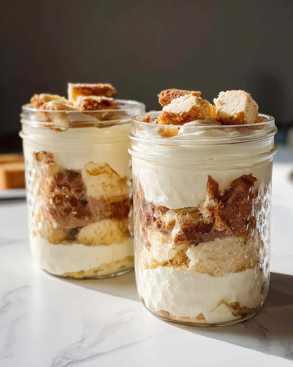 The image shows a clear glass jar filled with three visible layers: the bottom layer is a creamy, pale yellow custard-like mix; the middle layer has crumbled, light brown vanilla wafer pieces; the top layer consists of banana slices that are pale yellow with a soft texture, along with some more crumbled vanilla wafers on top. The jar is placed on a white marbled surface with a soft shadow cast beside it, and in the background, there are blurred yellow spoons and another similar jar partially visible. photo taken with an iphone --ar 4:5 --v 7