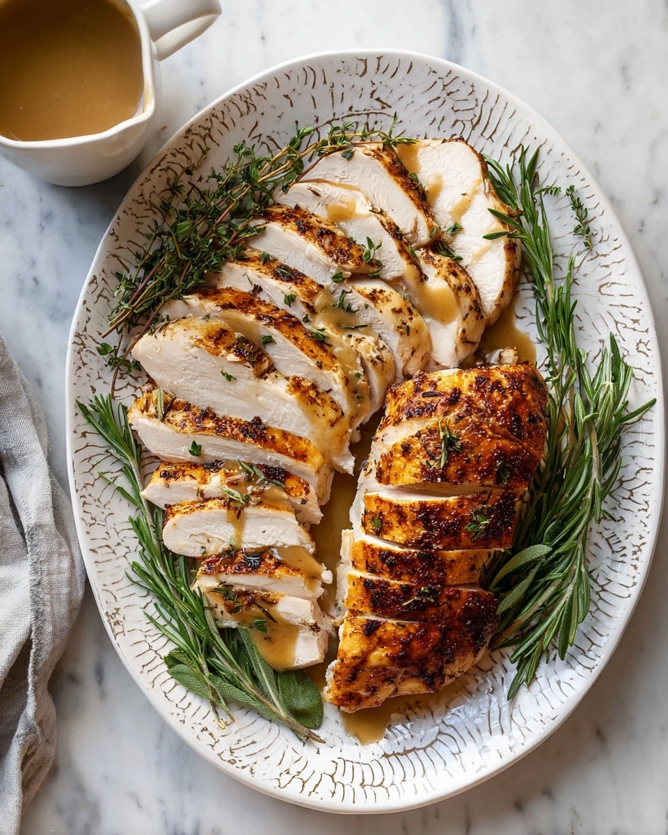 The dish shows a white plate with two thick slices of roasted pork resting on a pool of brown gravy with herbs, placed on the right side of the plate. To the left, there is a large serving of creamy mashed potatoes with a pat of melting butter on top, sprinkled with black pepper. A sprig of fresh rosemary and thyme is tucked between the pork and mashed potatoes, adding a touch of green. The plate sits on a gray and white striped cloth over a white marbled surface. In the upper right corner, there is a white dish with more slices of roasted pork showing golden, crispy skin. Photo taken with an iphone --ar 4:5 --v 7
