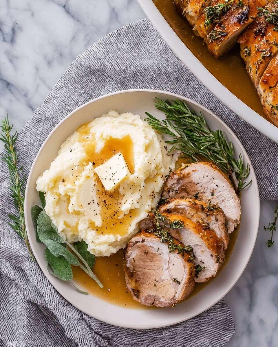 A white oval plate with a patterned design holds a sliced roasted chicken breast arranged in three sections, showing a golden-brown, crispy skin on top and tender, white meat inside. The chicken is sliced thinly and laid out in overlapping layers. Around the chicken, there are fresh green sprigs of rosemary and thyme adding a touch of color and texture. To the side, a white cup filled with light brown gravy is partially visible. The whole scene is set on a white marbled surface. photo taken with an iphone --ar 4:5 --v 7