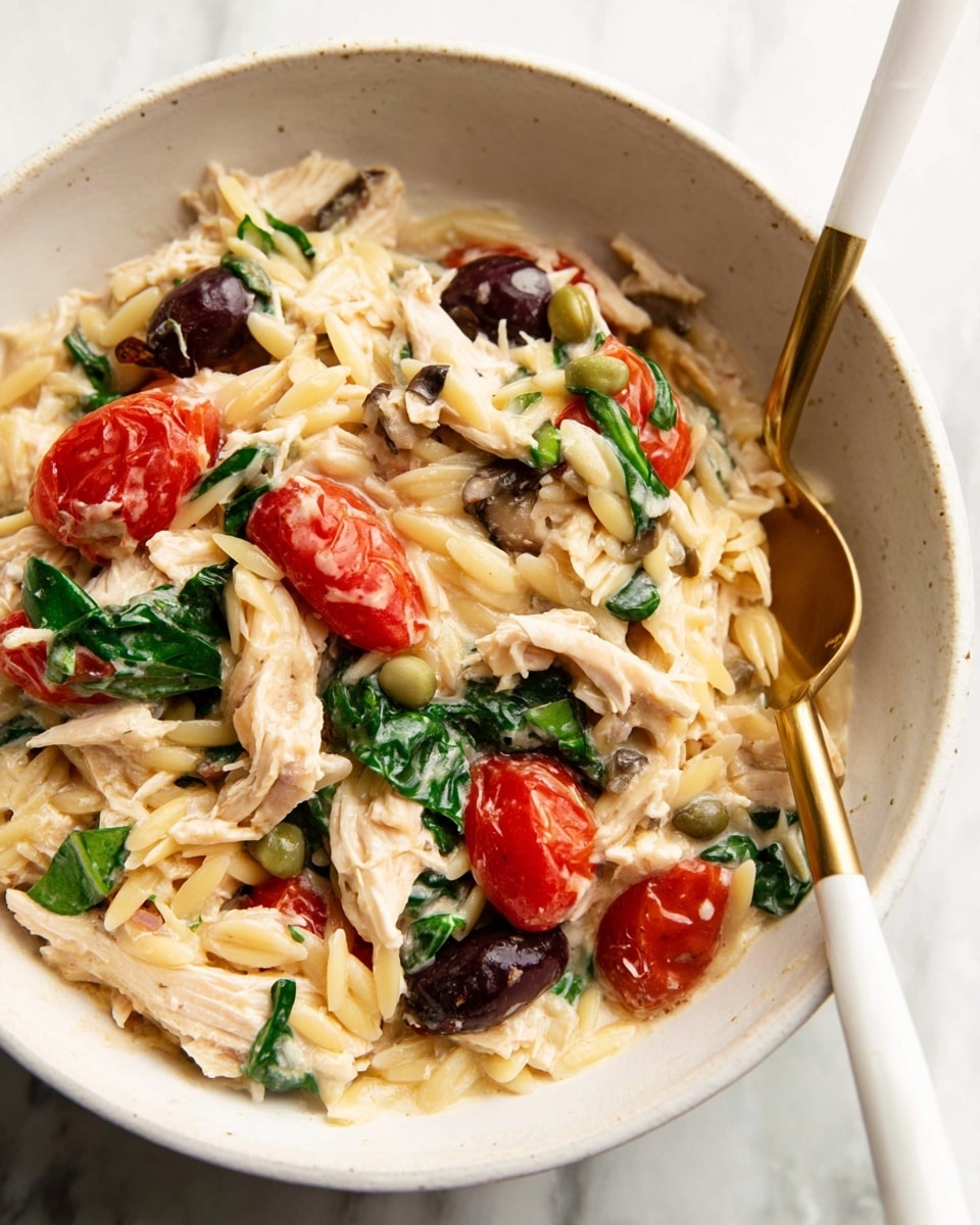 This image shows a close-up of a creamy one-pot dish with four main visible layers: shredded white chicken, cooked orzo pasta in pale yellow, wilted bright green spinach leaves, and halved red cherry tomatoes. Black olives and small green capers are scattered throughout, adding dark and green spots among the other colors. The ingredients are mixed in a light creamy sauce with a slightly shiny texture. A wooden spoon is partially in the dish, stirring the ingredients, all placed on a white marbled surface. Photo taken with an iphone --ar 4:5 --v 7