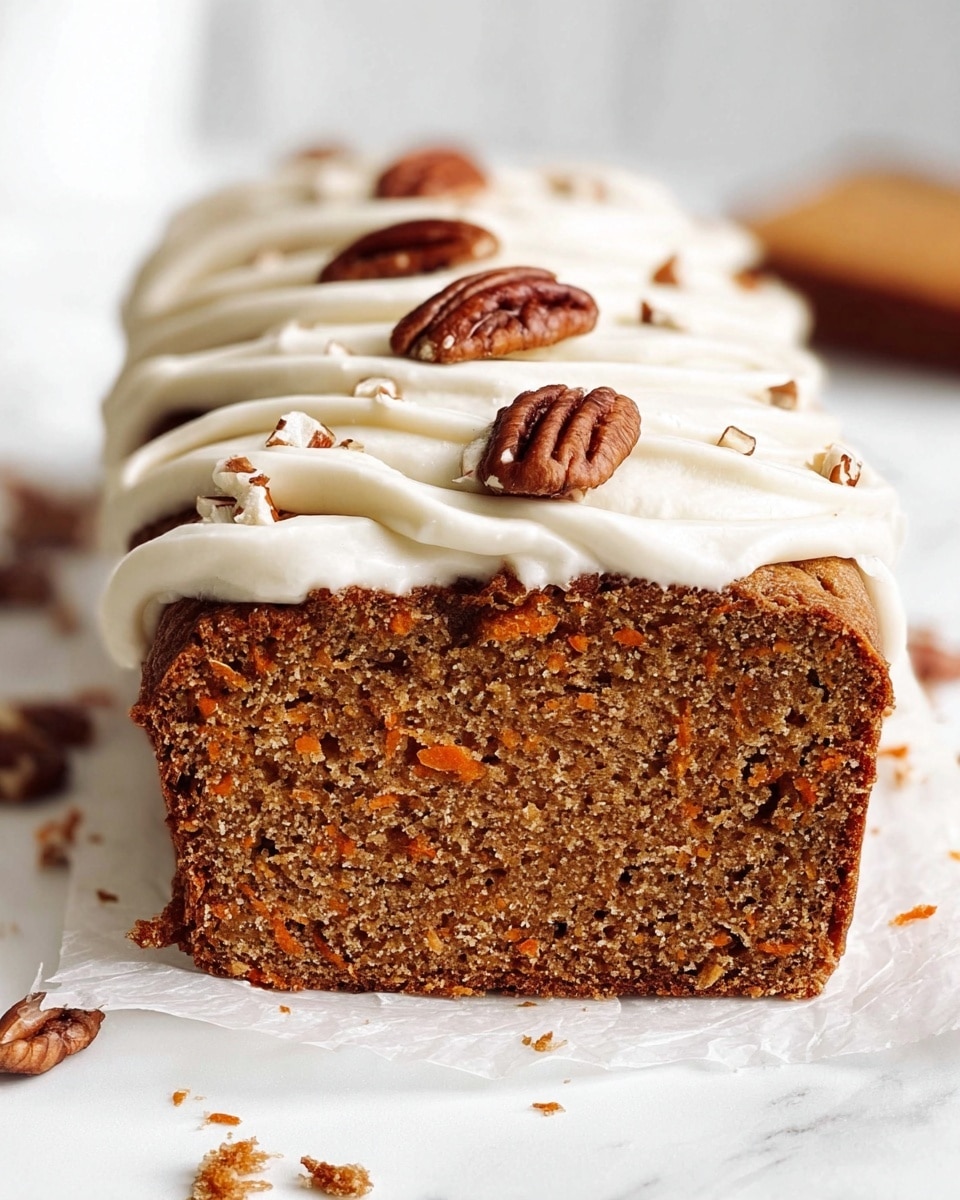 A close-up front view of a single-layer loaf cake with a dense texture and small orange bits inside, topped with three thick swirls of white frosting, each swirl decorated with a pecan half on top; the cake rests on white parchment paper over a white marbled surface with some crumbs and scattered pecans around it, showing the detailed, moist crumb of the brown cake and smooth frosting layers, photo taken with an iphone --ar 4:5 --v 7
