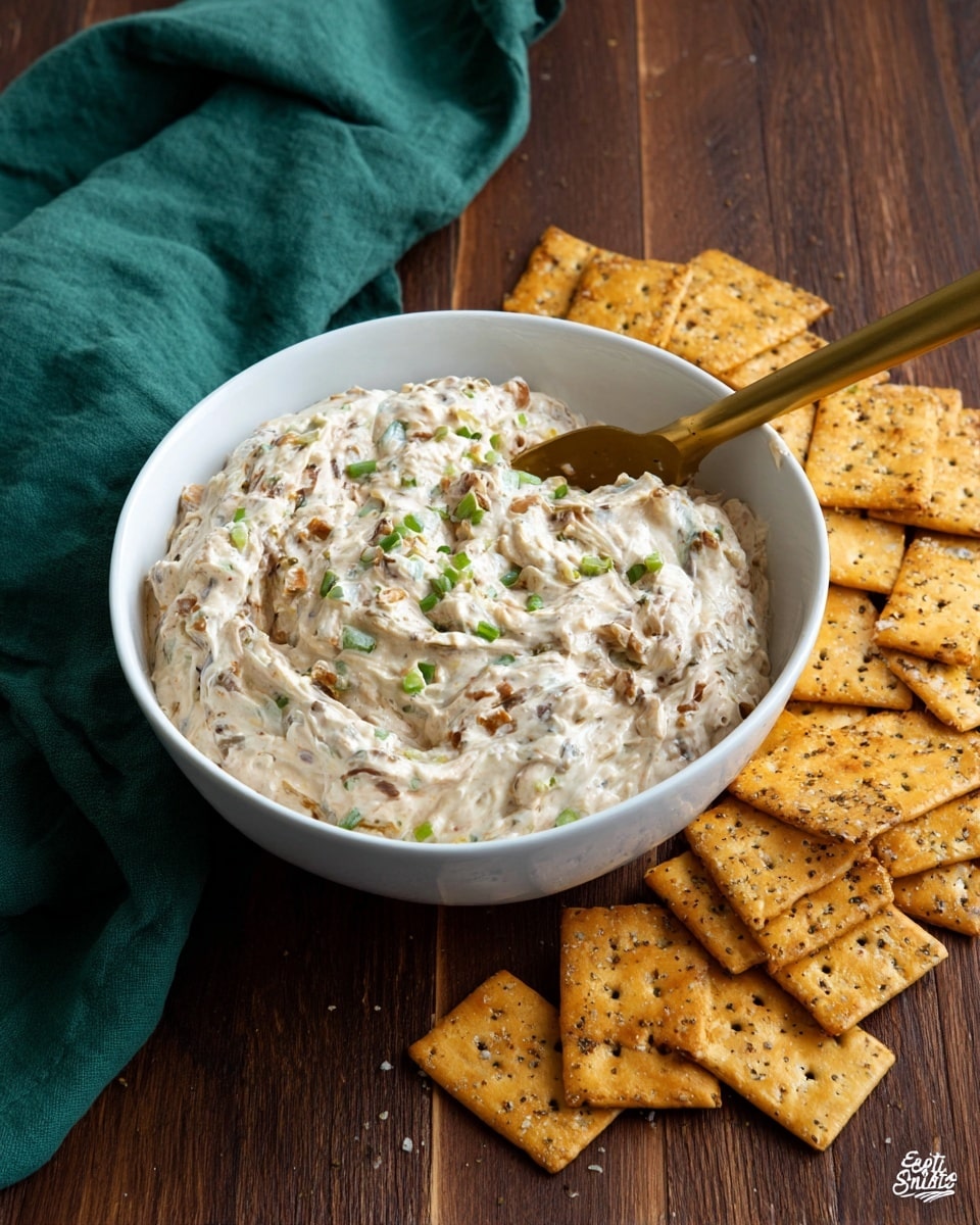 A close-up view shows a white bowl filled with a creamy, chunky chicken dip that has a light beige color with visible green bits of celery or herbs mixed in, giving the dip a textured, thick appearance. A woman's hand is holding an orange, speckled chip dipped halfway into the creamy mixture, highlighting the contrast between the smooth dip and the crunchy chip. Around the bowl, scattered chips lay on a white marbled textured surface, adding a rustic touch. A folded dark green cloth is partially visible beneath the bowl. Photo taken with an iphone --ar 4:5 --v 7