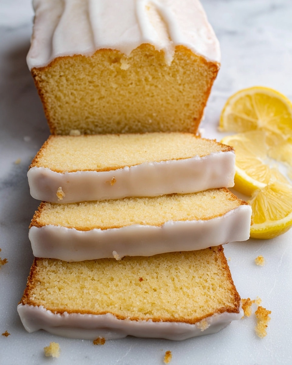 The image shows a loaf of lemon pound cake with four slices visible, each slice having two layers: a golden yellow cake layer with a soft, slightly crumbly texture, and a smooth, white icing layer on top and around the edges. The loaf is cut into thick slices stacked on top of a white marbled surface. To the side of the cake, there are two bright yellow lemon halves, adding a fresh, vibrant accent to the scene. Small crumbs are scattered around the cake slices, enhancing the homemade feel. Photo taken with an iphone --ar 4:5 --v 7