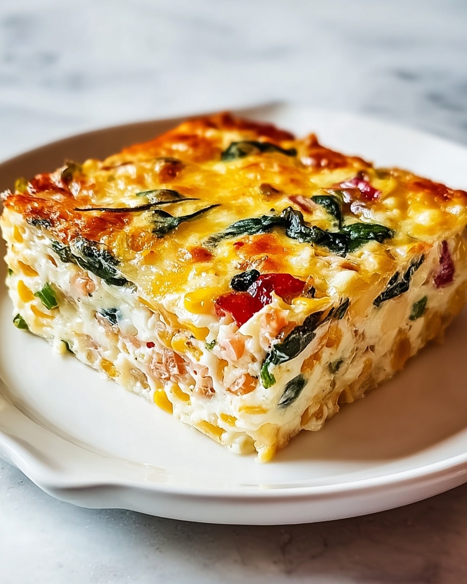 A square slice of baked casserole rests on a white plate with a slight curve on the edge. The dish has about three thick layers starting with a creamy white base mixed with small pieces of corn and green vegetable bits. The middle layer shows a mix of lightly browned melted cheese in yellows and light orange, with dark green spinach leaves visible throughout. The top layer is golden brown with melted, slightly crispy cheese and scattered small red bits, likely tomato or pepper. The white marbled surface gives a clean background, enhancing the rich colors of the casserole. photo taken with an iphone --ar 4:5 --v 7