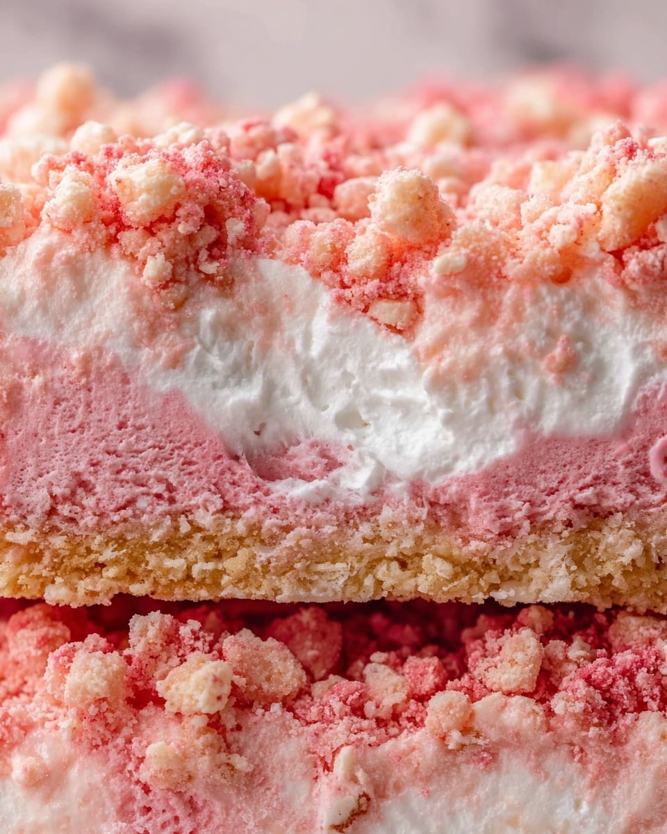 This close-up image shows a dessert with three main layers: the bottom layer is a dense pink base with a soft, crumbly texture; the middle layer is fluffy and white, looking like whipped cream or marshmallow; the top layer is a mix of pink and light beige crumbs, giving a rough and crunchy look. The pink crumbs are bright and scattered unevenly over the soft white layer, creating a rich color contrast. The whole dessert appears soft but with a crunchy topping, and a small bite is missing, revealing the inside layers clearly. The background is a white marbled texture. photo taken with an iphone --ar 4:5 --v 7